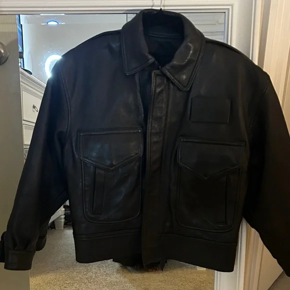 Chaps Black Leather Bomber Jacket - Picture 11 of 17